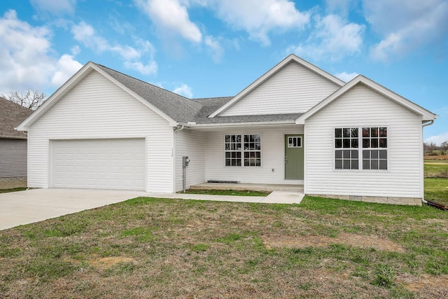 ranch-style house with a garage and a front lawn