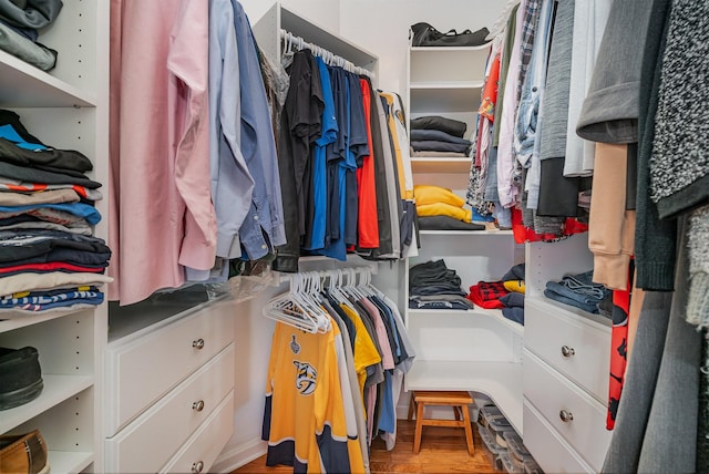 walk in closet with wood-type flooring