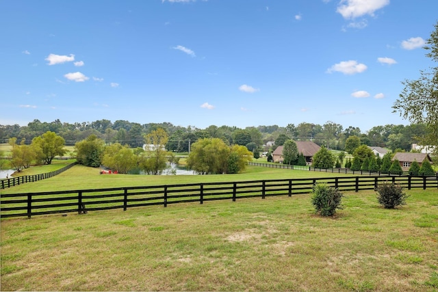 view of yard with a water view and a rural view