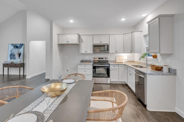 kitchen featuring sink, dark wood-type flooring, stainless steel appliances, light stone counters, and white cabinets