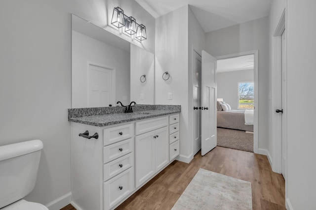 bathroom with hardwood / wood-style flooring, vanity, and toilet