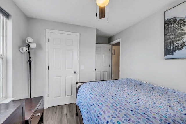 bedroom featuring hardwood / wood-style flooring and ceiling fan