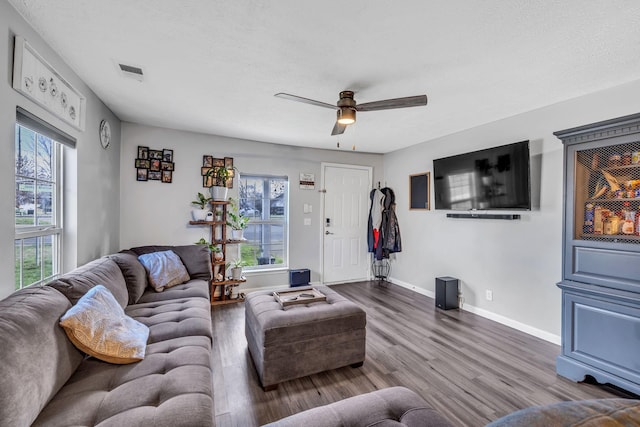 living room featuring ceiling fan and wood-type flooring