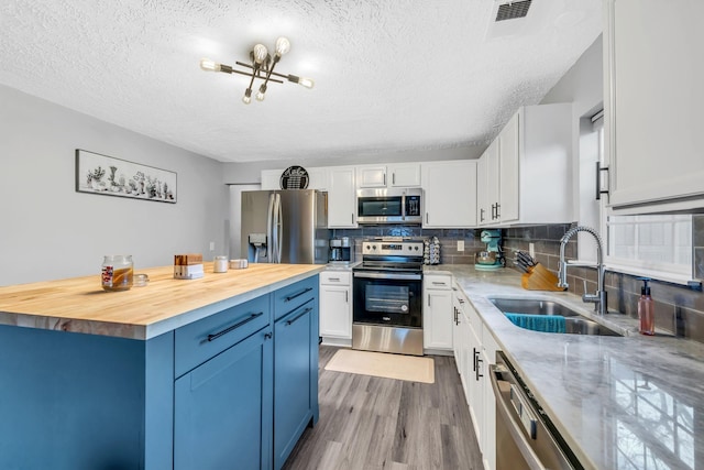 kitchen featuring blue cabinetry, sink, stainless steel appliances, butcher block countertops, and white cabinets