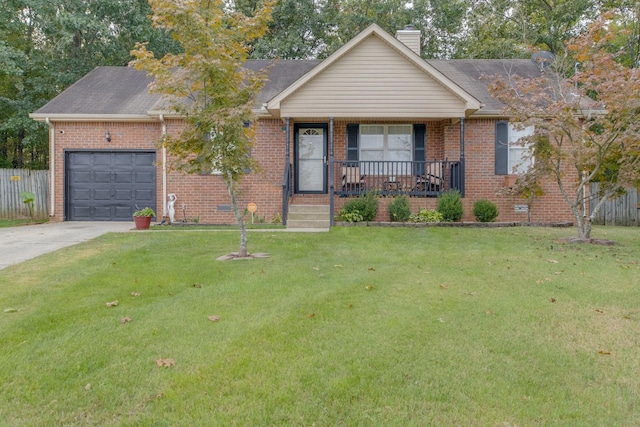 ranch-style house with a garage, covered porch, and a front yard