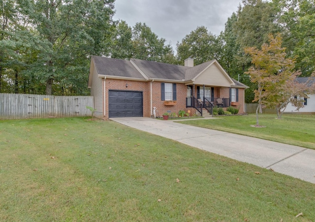 ranch-style house with a garage and a front lawn