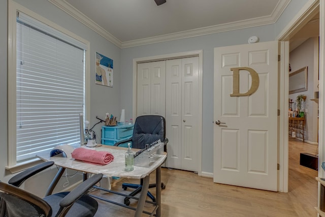 office space featuring light hardwood / wood-style flooring and crown molding