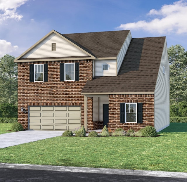 view of front of home featuring a garage and a front lawn