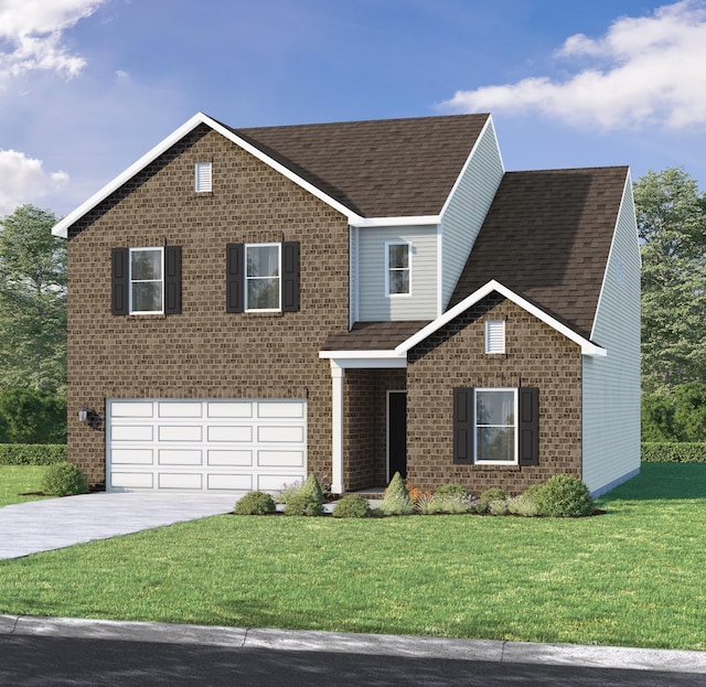 view of front of home with a garage and a front lawn