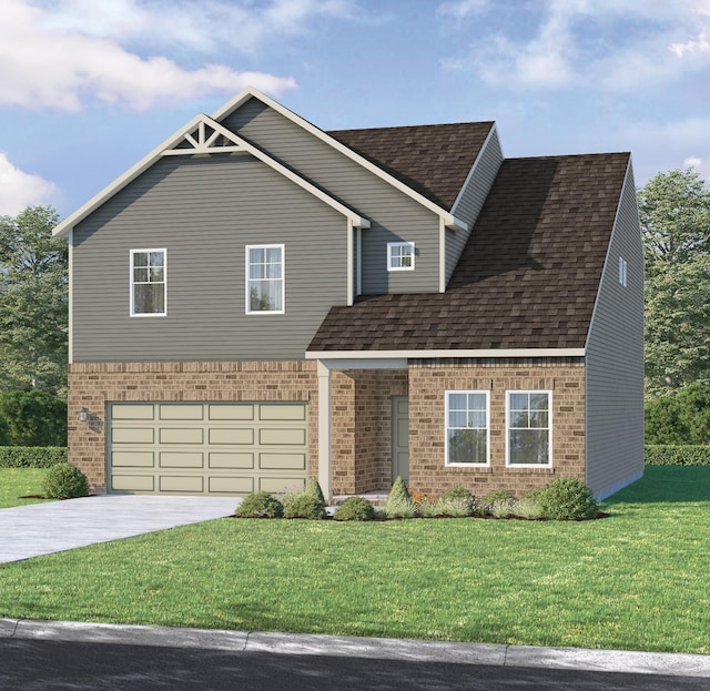 view of front of home with a front yard and a garage