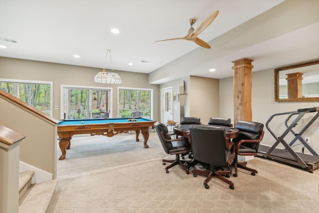 rec room with ornate columns, ceiling fan, light colored carpet, and pool table