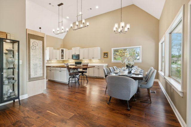 dining space featuring a chandelier, high vaulted ceiling, and a wealth of natural light