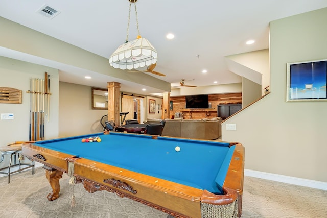 playroom with ceiling fan, billiards, and decorative columns