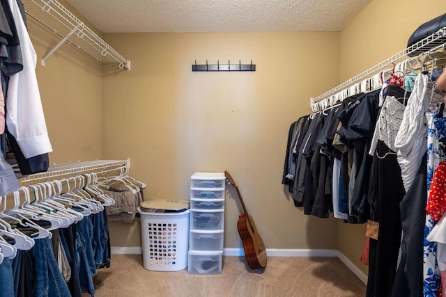 walk in closet featuring carpet flooring