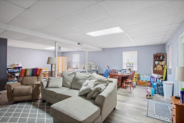 living room featuring a paneled ceiling and hardwood / wood-style flooring