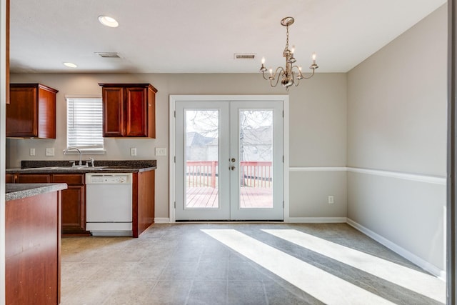 kitchen featuring dishwasher, french doors, sink, decorative light fixtures, and a notable chandelier