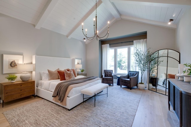 bedroom with a chandelier, beam ceiling, light wood-type flooring, and high vaulted ceiling