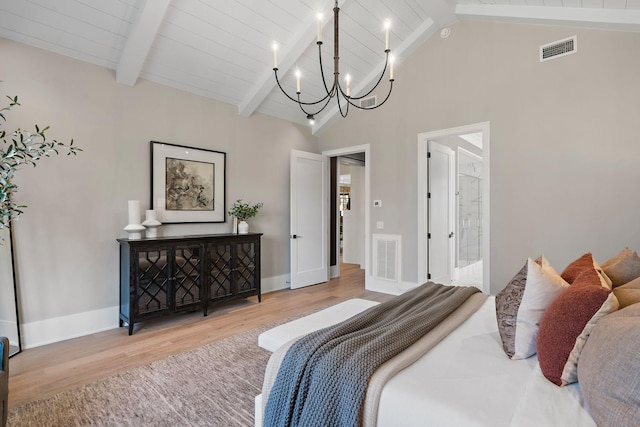 bedroom with wood ceiling, beam ceiling, high vaulted ceiling, an inviting chandelier, and light hardwood / wood-style floors