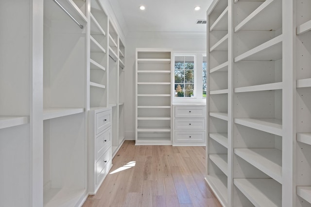 spacious closet with light hardwood / wood-style flooring