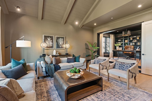 living room featuring vaulted ceiling with beams, wood ceiling, and hardwood / wood-style flooring