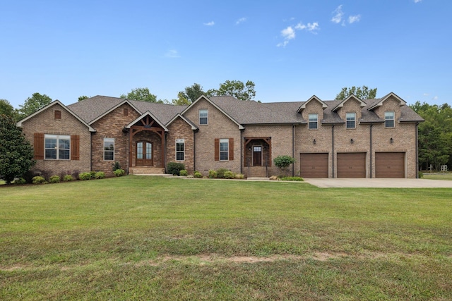 craftsman inspired home with a front yard and a garage