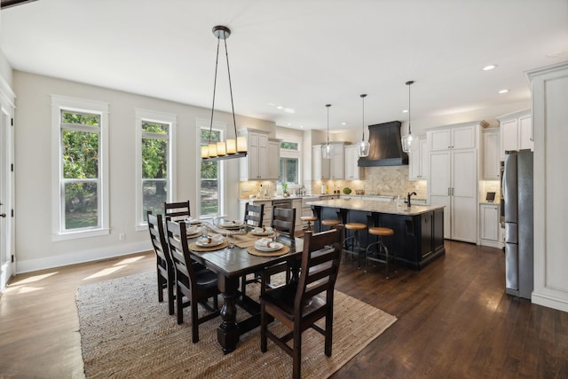 dining area with dark wood-type flooring and sink