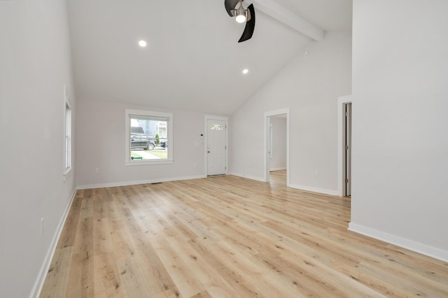 unfurnished living room with ceiling fan, beam ceiling, light wood-type flooring, and high vaulted ceiling