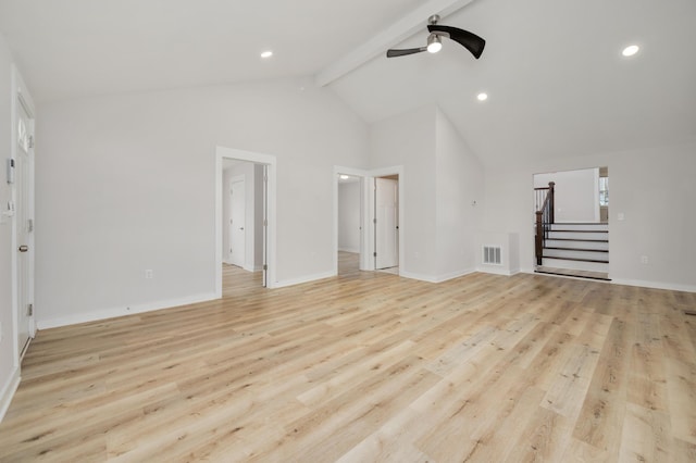 unfurnished living room featuring beamed ceiling, ceiling fan, light wood-type flooring, and high vaulted ceiling