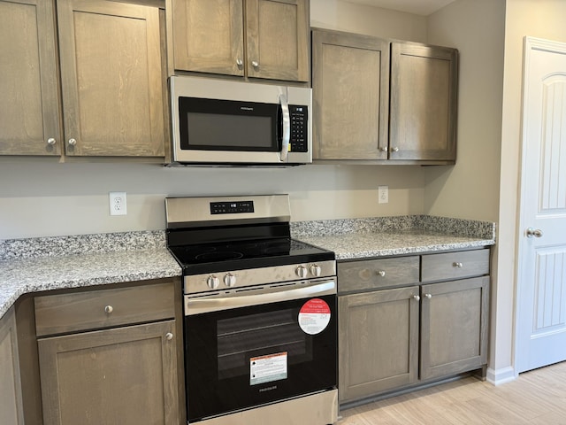 kitchen with appliances with stainless steel finishes, light wood-type flooring, and light stone counters