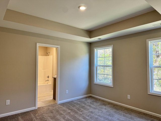 carpeted empty room with a tray ceiling