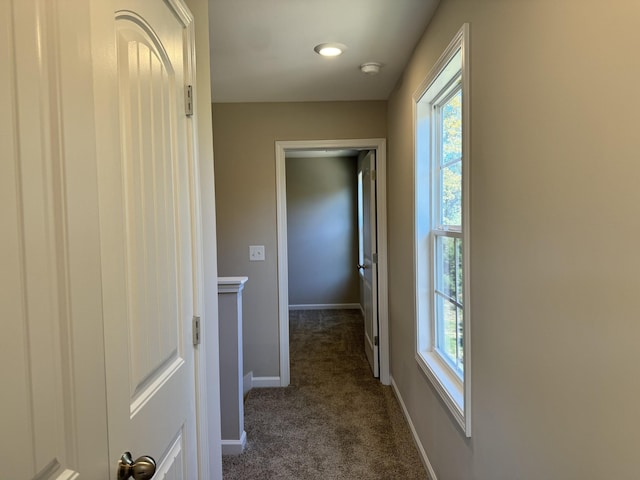 hallway featuring dark colored carpet and plenty of natural light