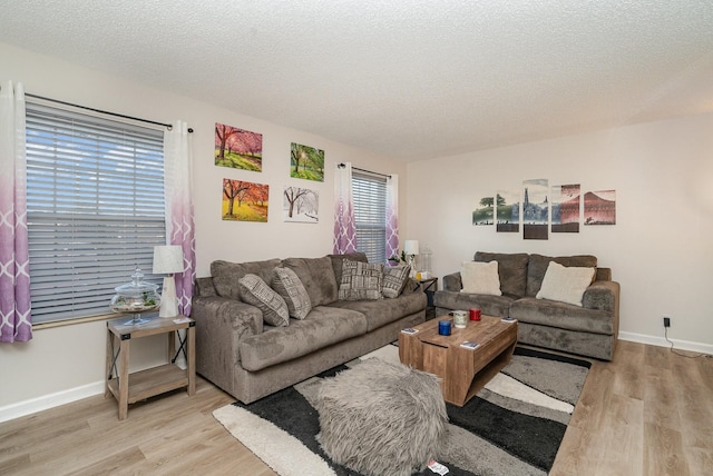 living room featuring light hardwood / wood-style floors and a textured ceiling