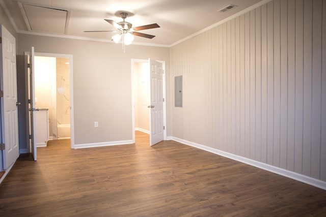 unfurnished bedroom with connected bathroom, ceiling fan, dark hardwood / wood-style flooring, and ornamental molding