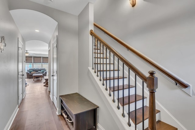 stairs featuring hardwood / wood-style floors and ceiling fan