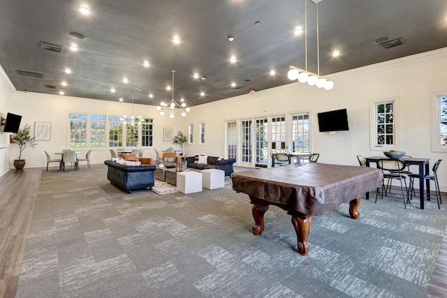 recreation room with carpet flooring and billiards