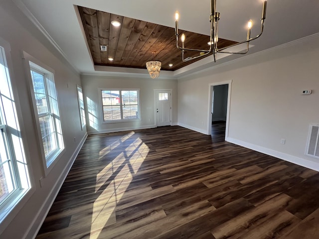 spare room featuring a tray ceiling, an inviting chandelier, dark hardwood / wood-style floors, and wooden ceiling