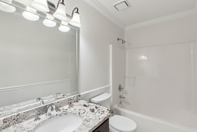 full bathroom featuring shower / bath combination, vanity, toilet, and ornamental molding