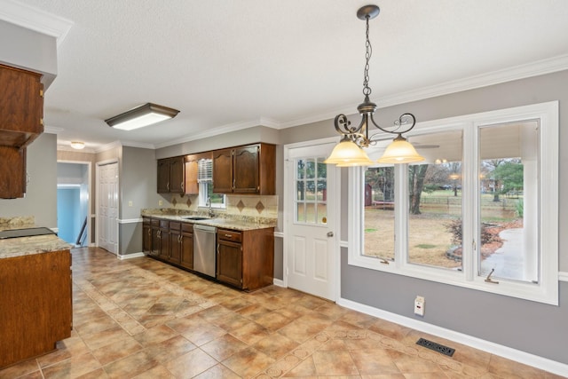 kitchen with sink, stainless steel dishwasher, crown molding, a chandelier, and decorative light fixtures