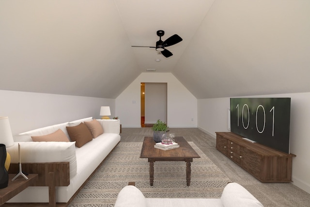 living room with lofted ceiling, light carpet, and ceiling fan