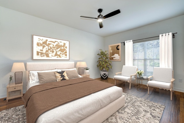 bedroom featuring dark hardwood / wood-style flooring and ceiling fan