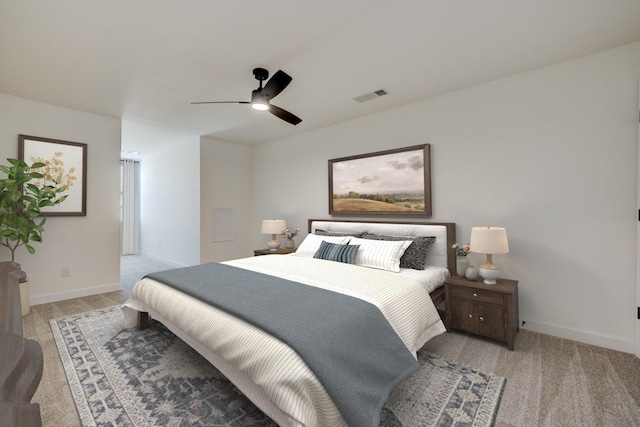 carpeted bedroom featuring ceiling fan