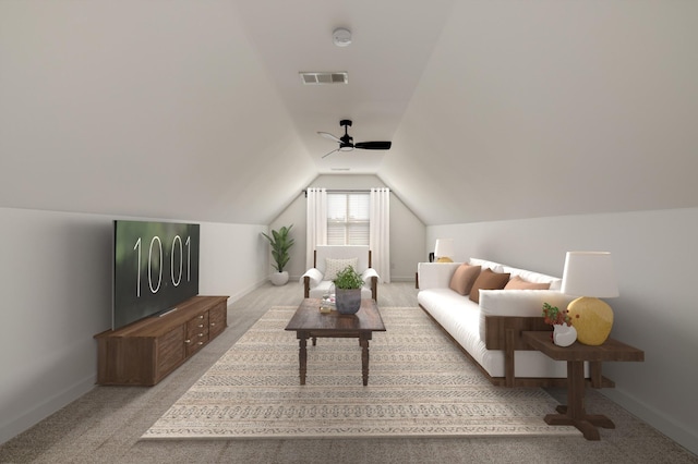 living room with ceiling fan, vaulted ceiling, and light carpet