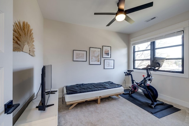 workout room featuring ceiling fan and carpet