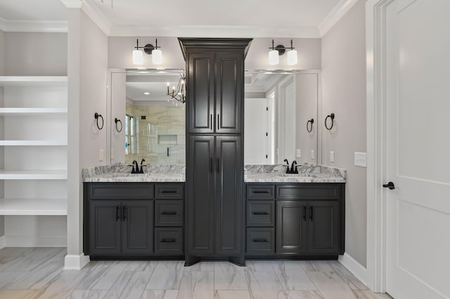 bathroom featuring ornamental molding, vanity, and a shower with shower door