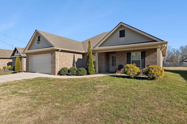 ranch-style house with a garage, a front yard, and a porch