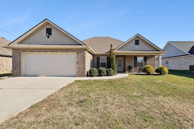 ranch-style house with a front lawn, central AC, and a garage