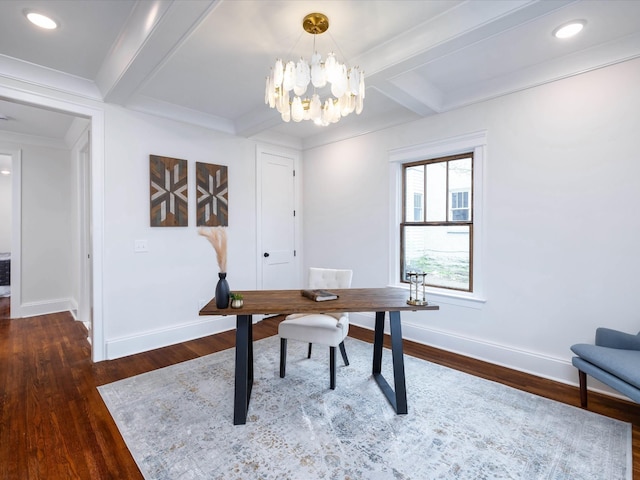 office area featuring dark hardwood / wood-style floors, beam ceiling, crown molding, and a chandelier