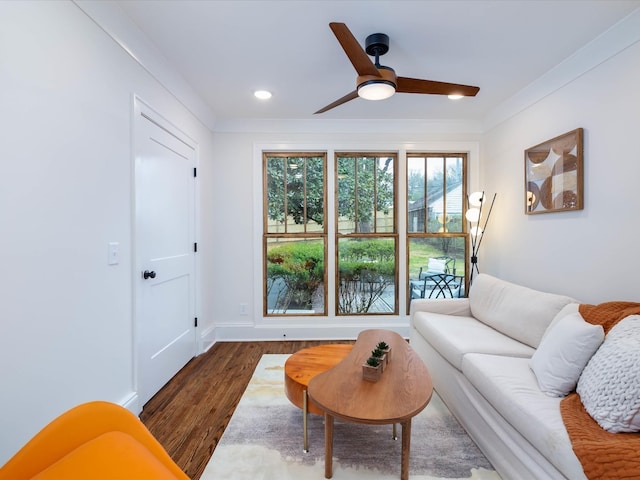 living room featuring crown molding, ceiling fan, and dark wood-type flooring