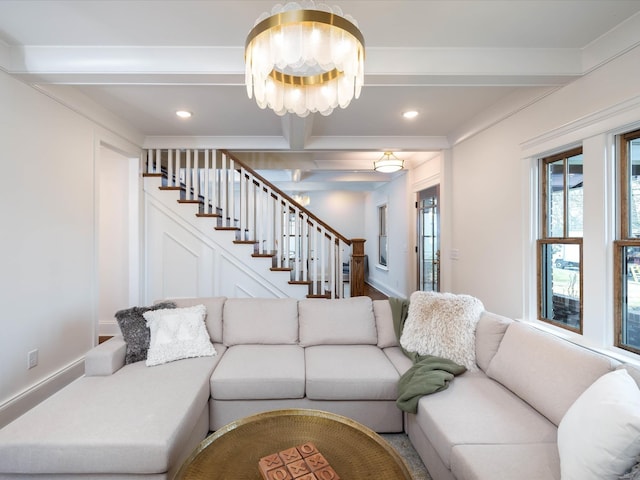 living room featuring beam ceiling