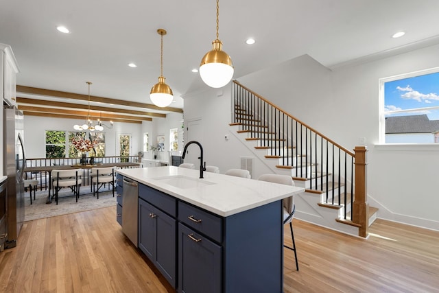 kitchen featuring sink, beamed ceiling, pendant lighting, a center island with sink, and appliances with stainless steel finishes